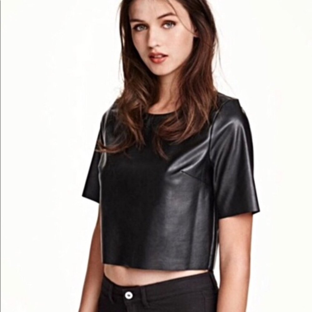 H&M Divided, Size 10, Black Faux Leather Crop Top